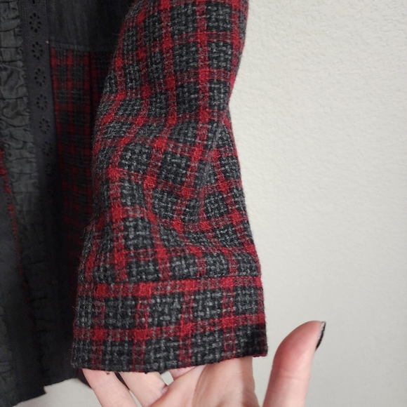 LULUMARI plaid trench coat dark academia snap button long line jacket grey red S - Picture 4 of 8